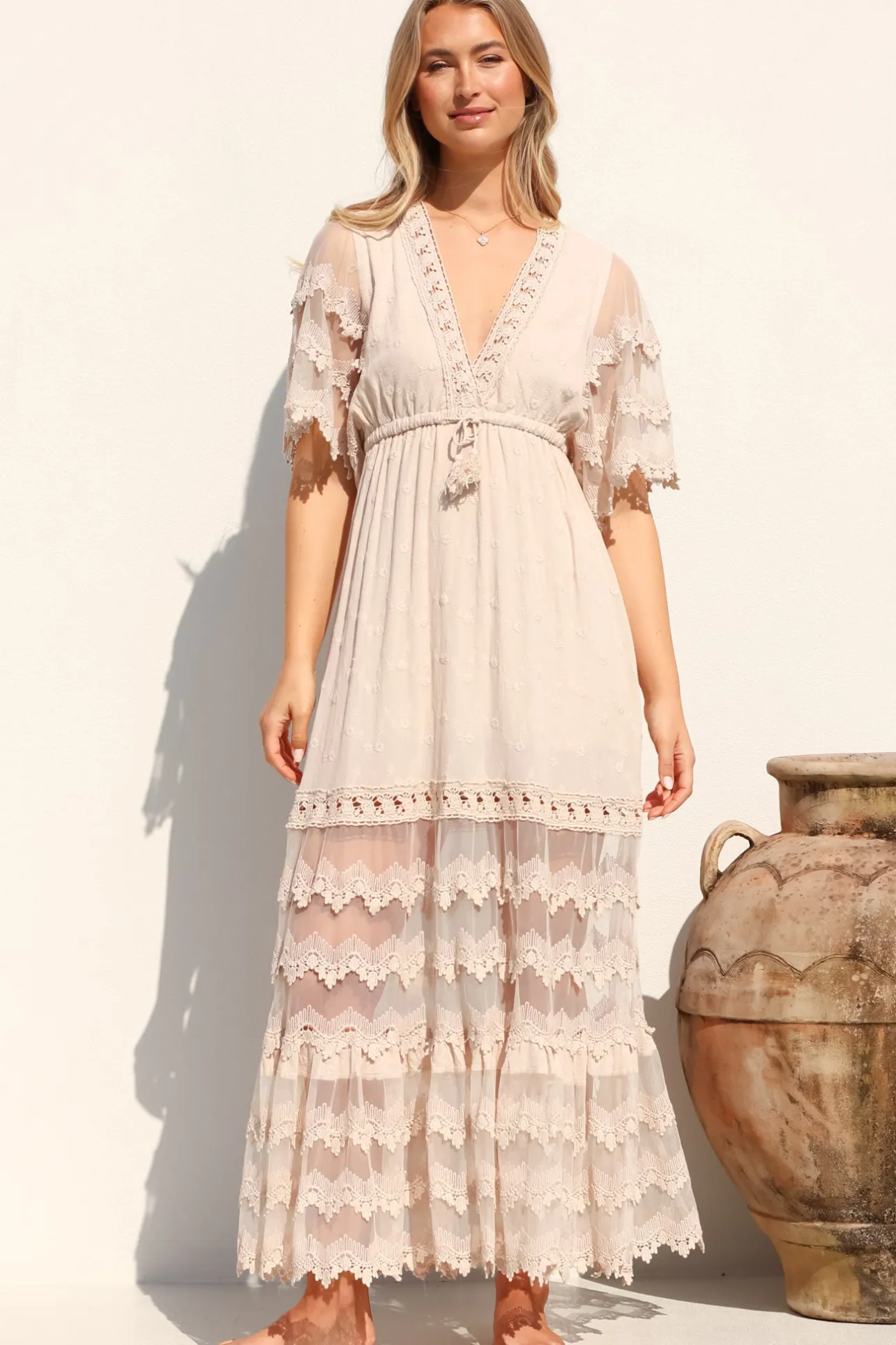 Bungalow Maxi Dress - Embroidered Lace Deep V Neck Dress with Open Batwing Sleeves in Sand>Jaase Discount