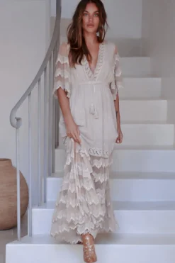 Bungalow Maxi Dress - Embroidered Lace Deep V Neck Dress with Open Batwing Sleeves in Sand><noscript><img width=