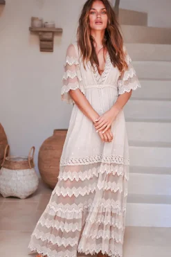 Bungalow Maxi Dress - Embroidered Lace Deep V Neck Dress with Open Batwing Sleeves in Sand><noscript><img width=