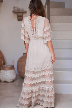 Bungalow Maxi Dress - Embroidered Lace Deep V Neck Dress with Open Batwing Sleeves in Sand><noscript><img width=