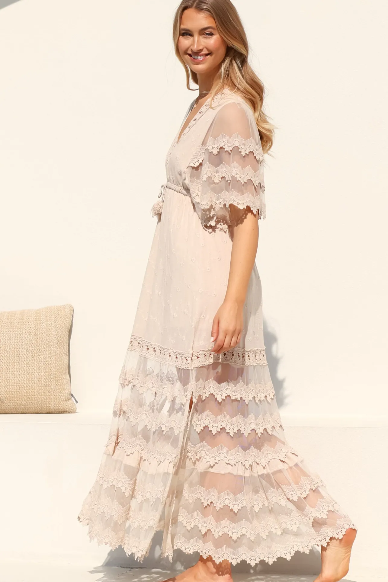 Bungalow Maxi Dress - Embroidered Lace Deep V Neck Dress with Open Batwing Sleeves in Sand>Jaase Discount