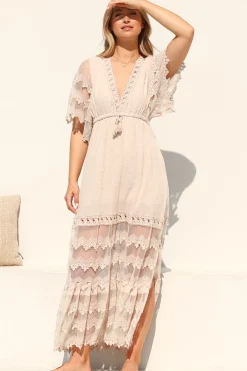 Bungalow Maxi Dress - Embroidered Lace Deep V Neck Dress with Open Batwing Sleeves in Sand><noscript><img width=