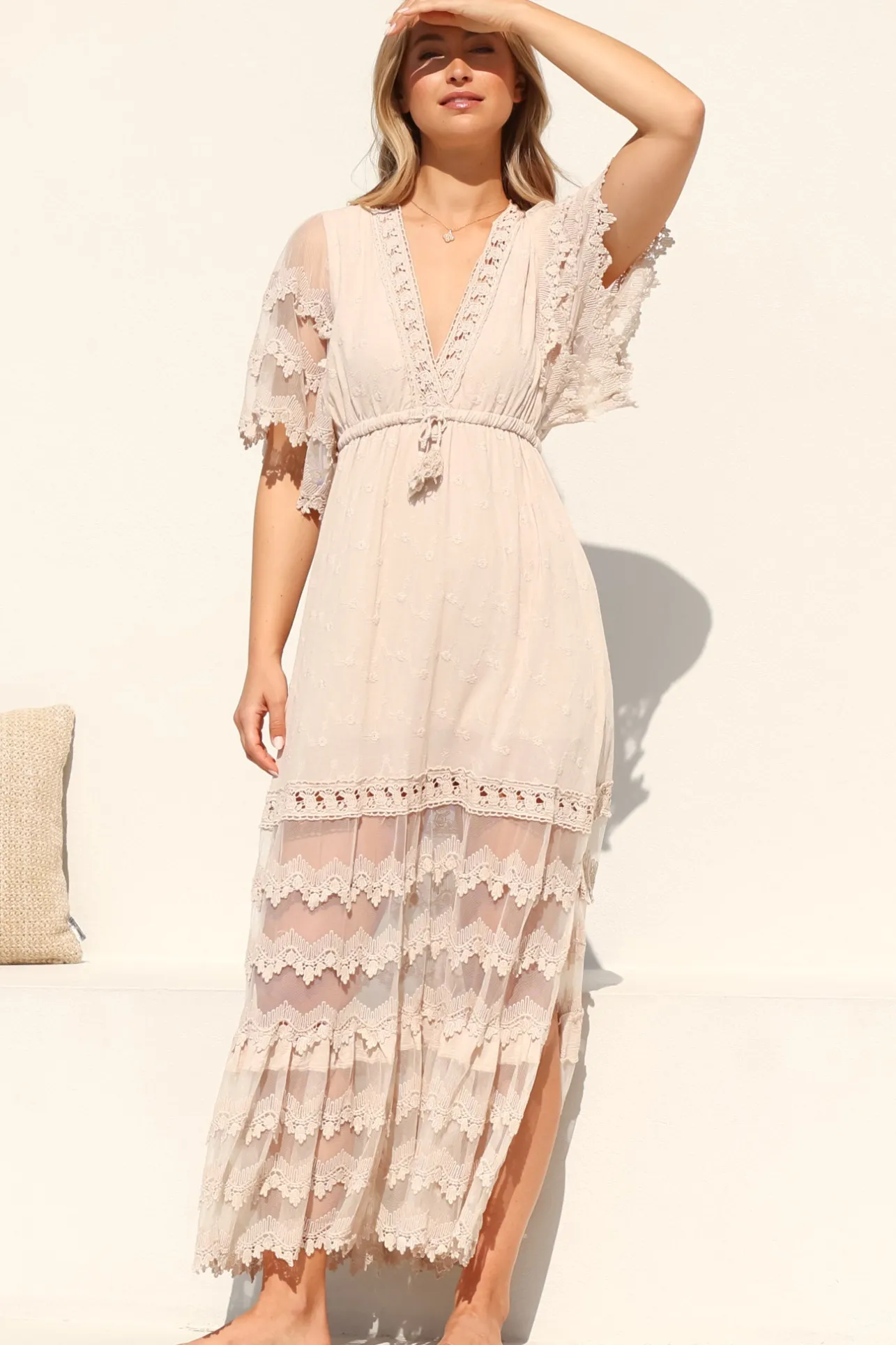 Bungalow Maxi Dress - Embroidered Lace Deep V Neck Dress with Open Batwing Sleeves in Sand>Jaase Discount