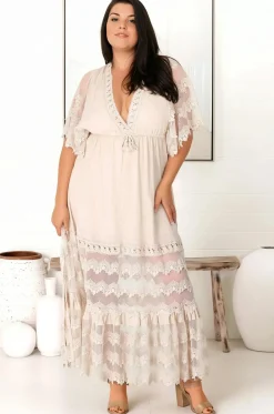 Bungalow Maxi Dress - Embroidered Lace Deep V Neck Dress with Open Batwing Sleeves in Sand><noscript><img width=