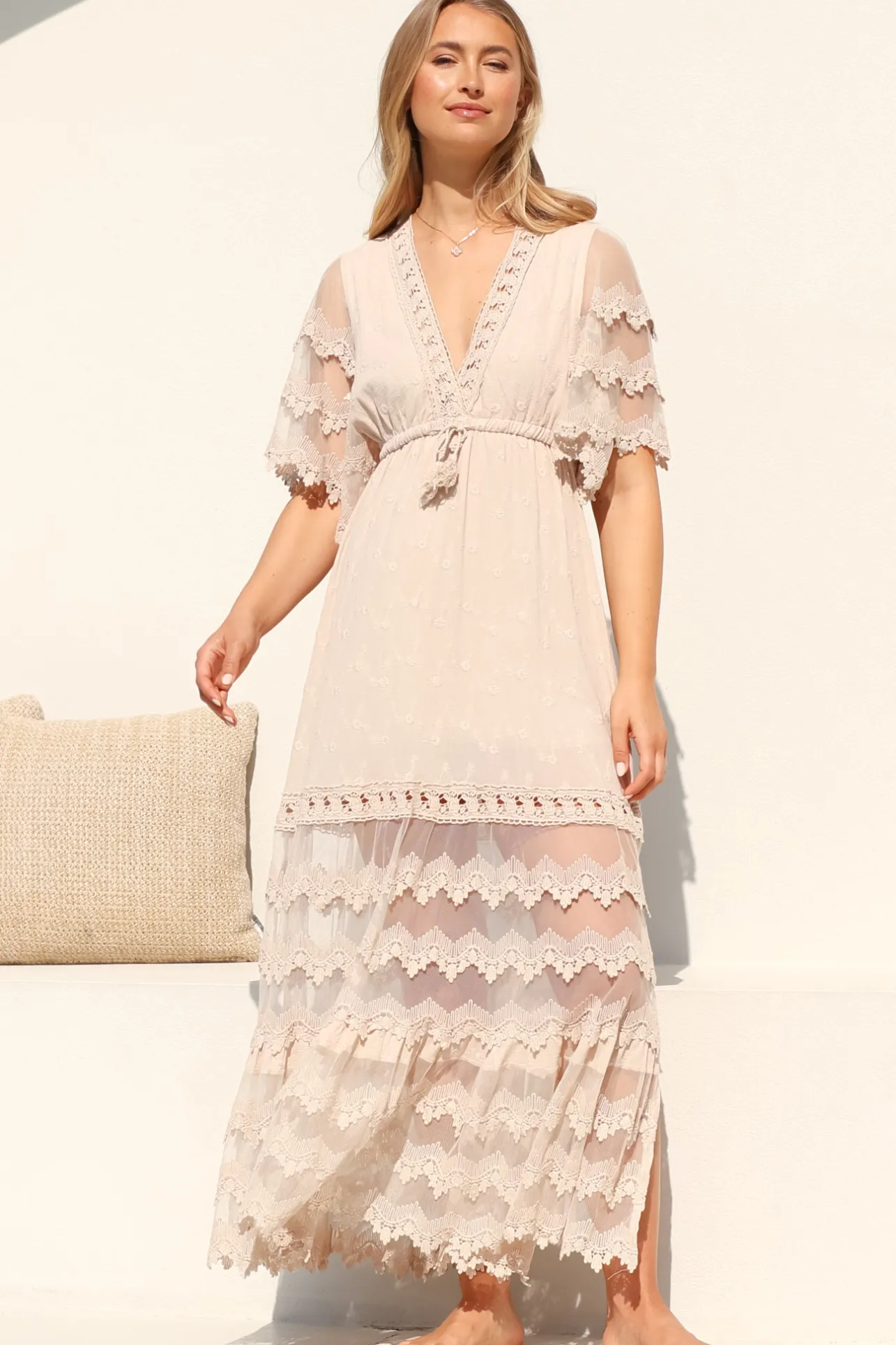 Bungalow Maxi Dress - Embroidered Lace Deep V Neck Dress with Open Batwing Sleeves in Sand>Jaase Discount