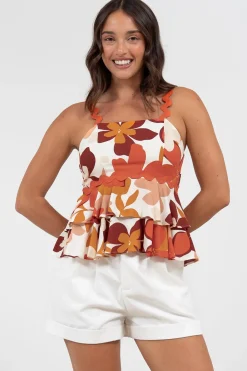 Calla Top - Ric Rac Strap Tiered Cami in Tangie Print>Salty Crush Hot