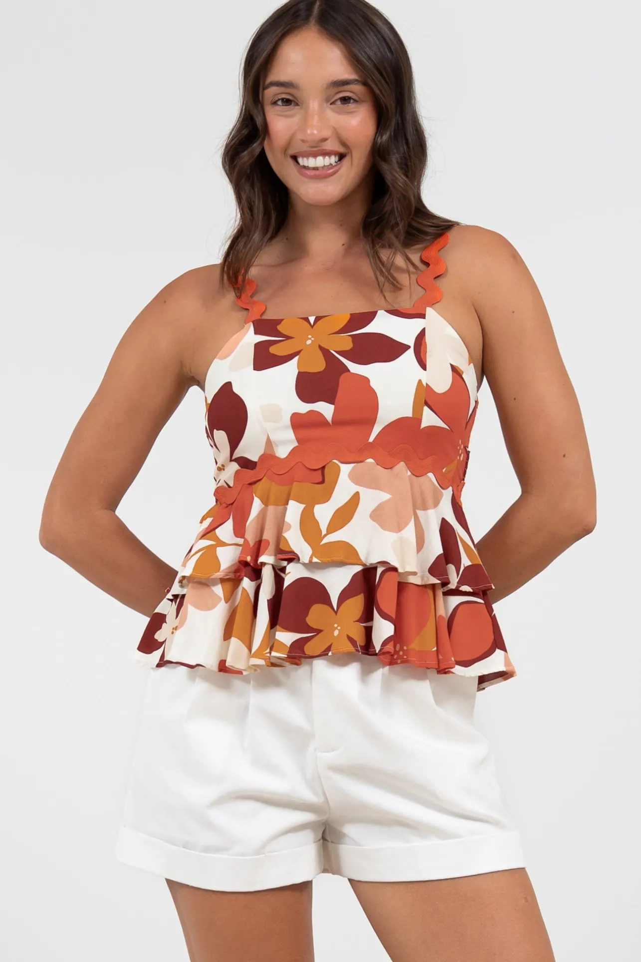 Calla Top - Ric Rac Strap Tiered Cami in Tangie Print>Salty Crush Hot
