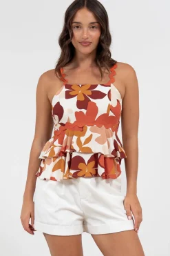Calla Top - Ric Rac Strap Tiered Cami in Tangie Print><noscript><img width=