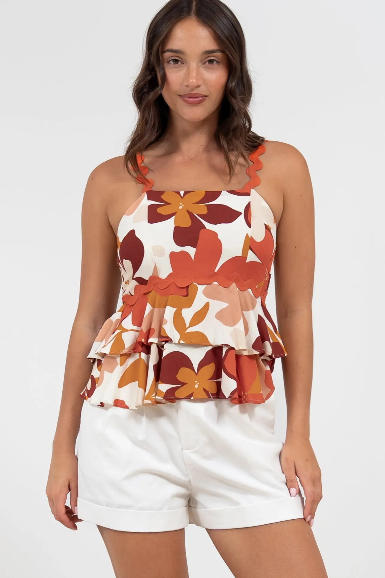 Calla Top - Ric Rac Strap Tiered Cami in Tangie Print>Salty Crush Hot
