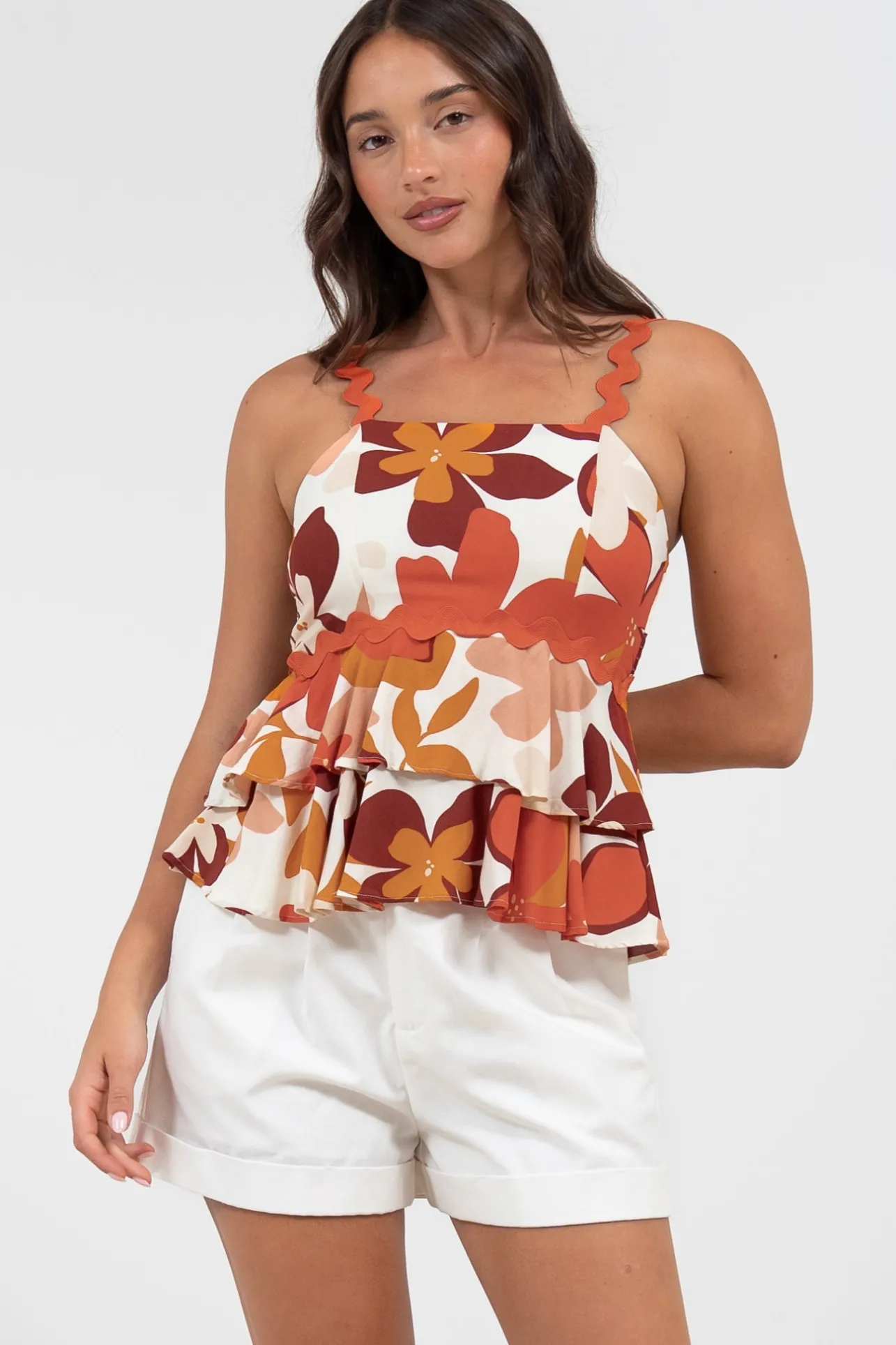 Calla Top - Ric Rac Strap Tiered Cami in Tangie Print>Salty Crush Hot