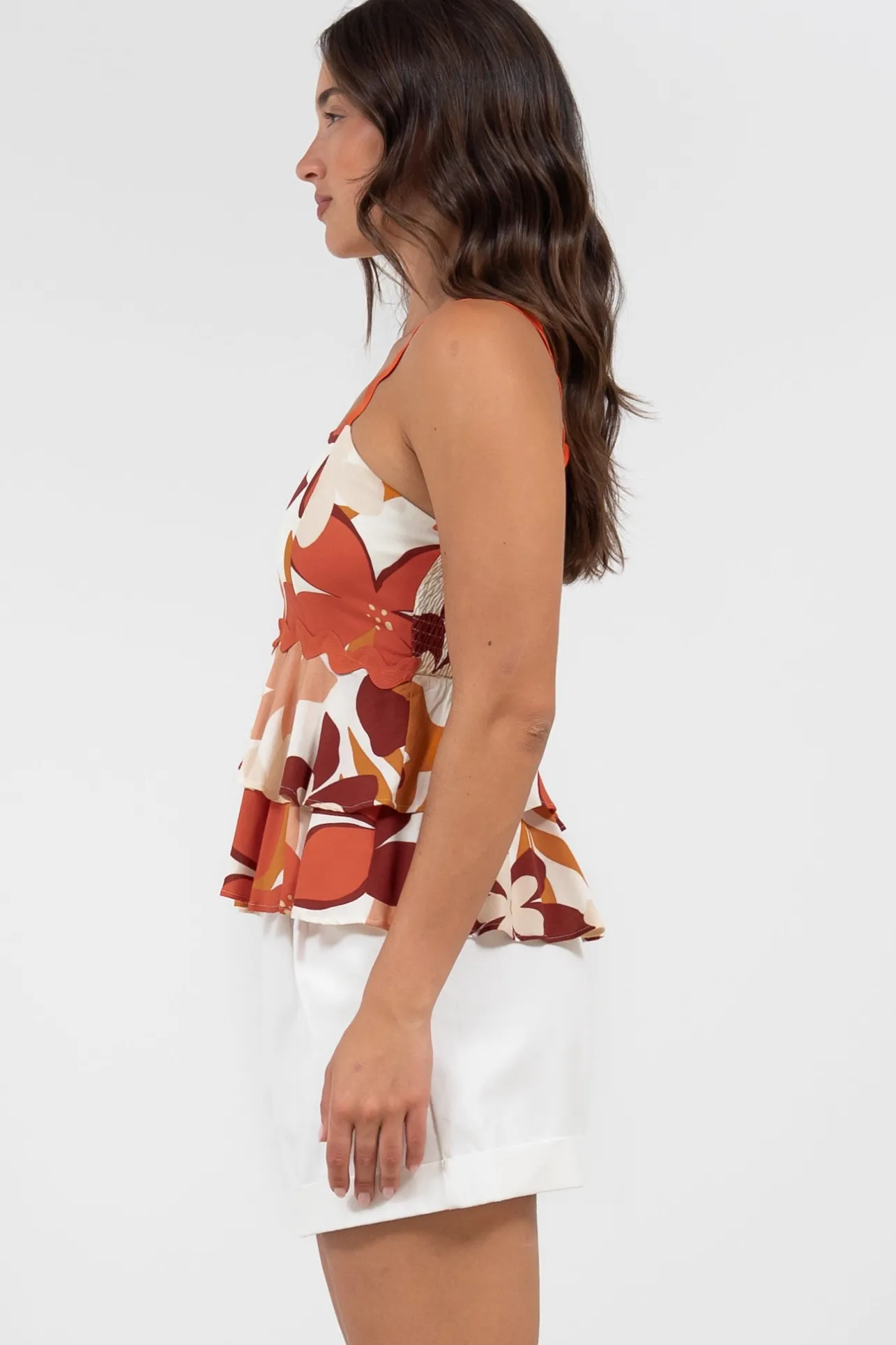 Calla Top - Ric Rac Strap Tiered Cami in Tangie Print>Salty Crush Hot