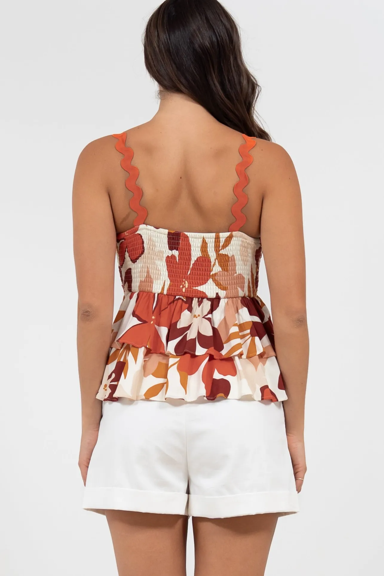 Calla Top - Ric Rac Strap Tiered Cami in Tangie Print>Salty Crush Hot
