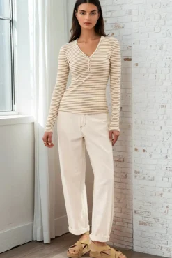 Cameron Knit Top - Button Neckline Ribbed Striped Top in Camel><noscript><img width=