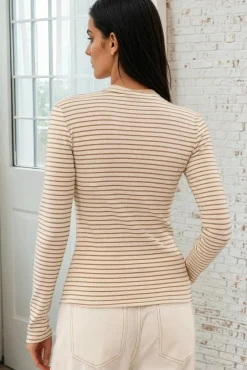 Cameron Knit Top - Button Neckline Ribbed Striped Top in Camel><noscript><img width=