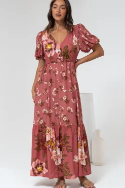 Camilla Maxi Dress - V-Neck Pull Tie Short Sleeve Dress in First Blush Print Mid Pink>Salty Crush Online