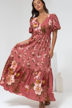 Camilla Maxi Dress - V-Neck Pull Tie Short Sleeve Dress in First Blush Print Mid Pink><noscript><img width=