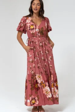 Camilla Maxi Dress - V-Neck Pull Tie Short Sleeve Dress in First Blush Print Mid Pink><noscript><img width=