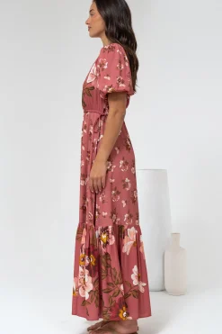 Camilla Maxi Dress - V-Neck Pull Tie Short Sleeve Dress in First Blush Print Mid Pink><noscript><img width=