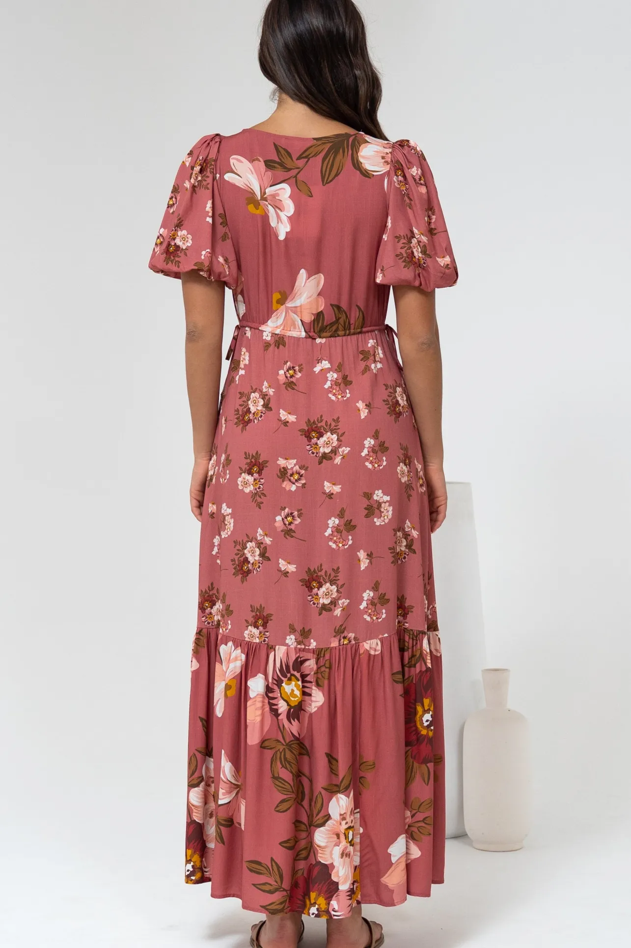 Camilla Maxi Dress - V-Neck Pull Tie Short Sleeve Dress in First Blush Print Mid Pink>Salty Crush Online