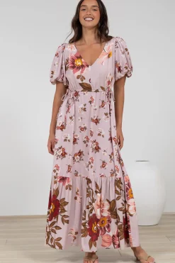 Camilla Maxi Dress - V-Neck Pull Tie Short Sleeve Dress in First Blush Print>Salty Crush Discount