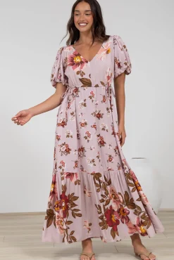 Camilla Maxi Dress - V-Neck Pull Tie Short Sleeve Dress in First Blush Print><noscript><img width=