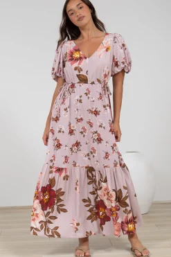 Camilla Maxi Dress - V-Neck Pull Tie Short Sleeve Dress in First Blush Print><noscript><img width=