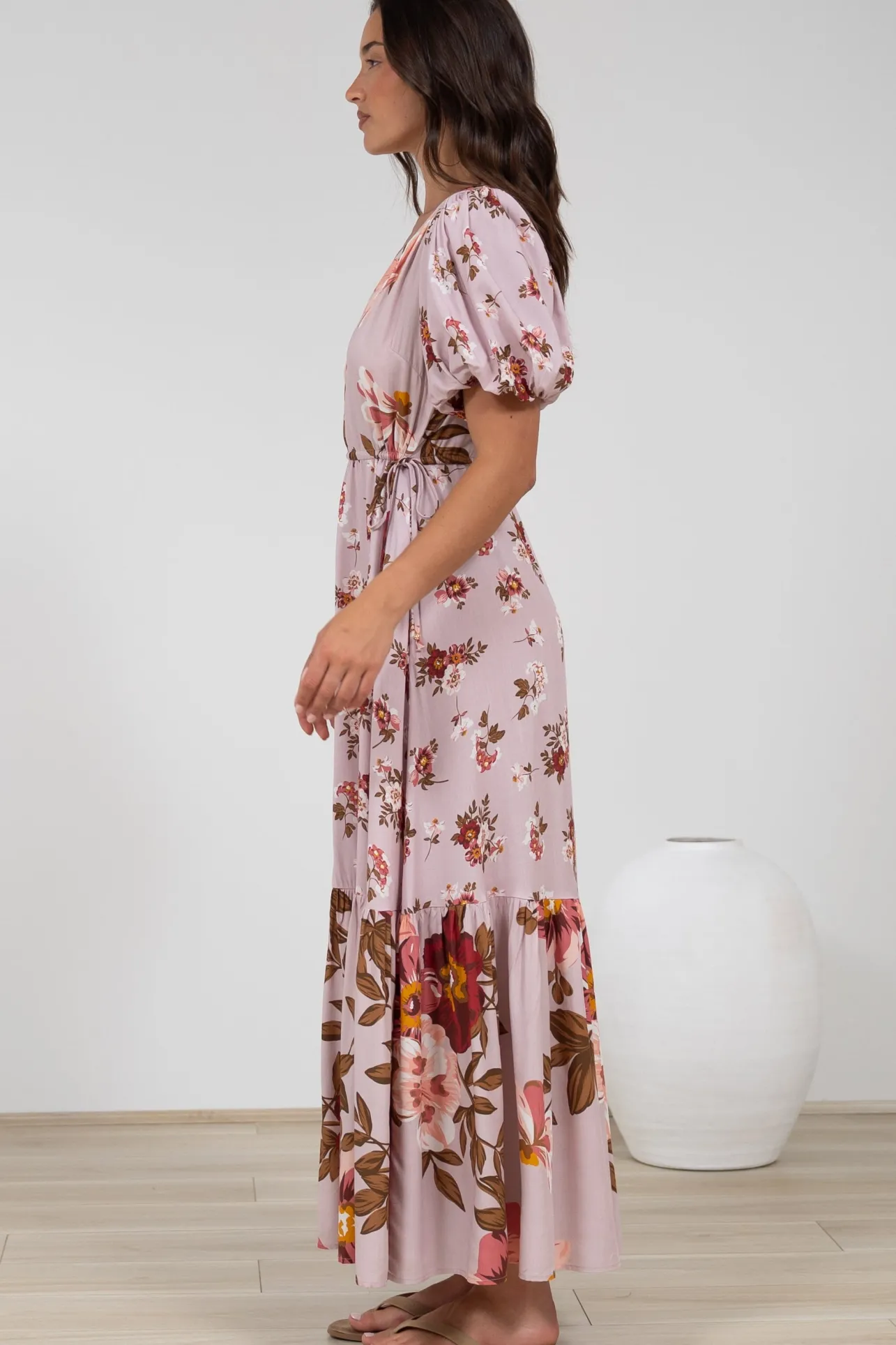 Camilla Maxi Dress - V-Neck Pull Tie Short Sleeve Dress in First Blush Print>Salty Crush Discount