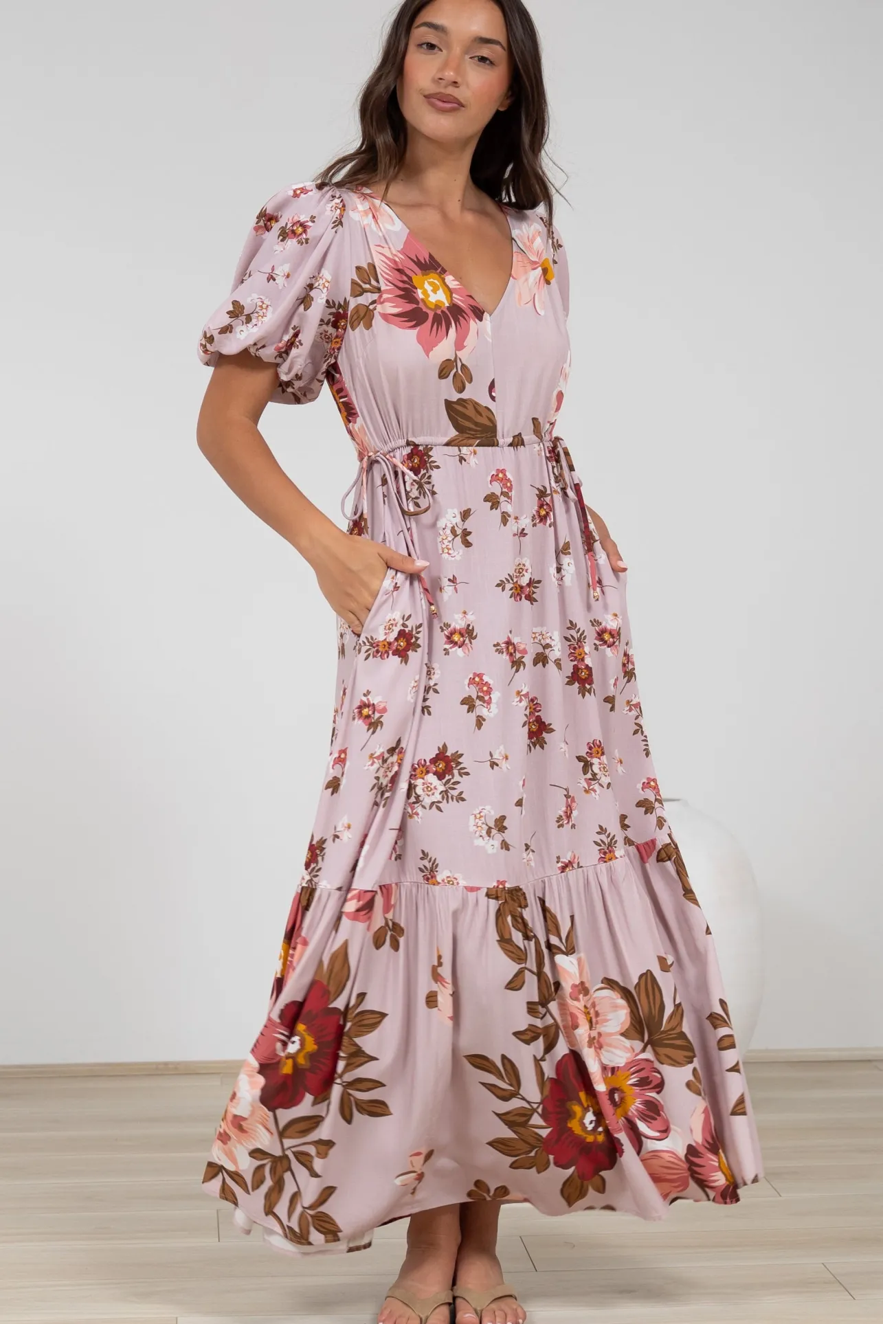 Camilla Maxi Dress - V-Neck Pull Tie Short Sleeve Dress in First Blush Print>Salty Crush Discount