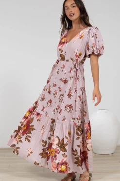 Camilla Maxi Dress - V-Neck Pull Tie Short Sleeve Dress in First Blush Print><noscript><img width=