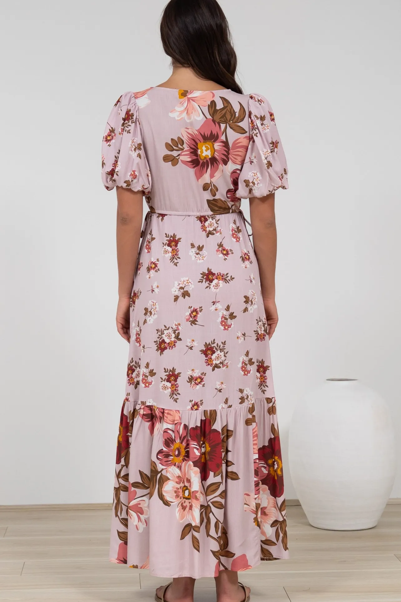 Camilla Maxi Dress - V-Neck Pull Tie Short Sleeve Dress in First Blush Print>Salty Crush Discount