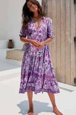 Cardinal Midi Dress - V-Neck Shift Dress with Lace Splicing and Optional Waist Tie in Rhodium Print>Jaase Hot