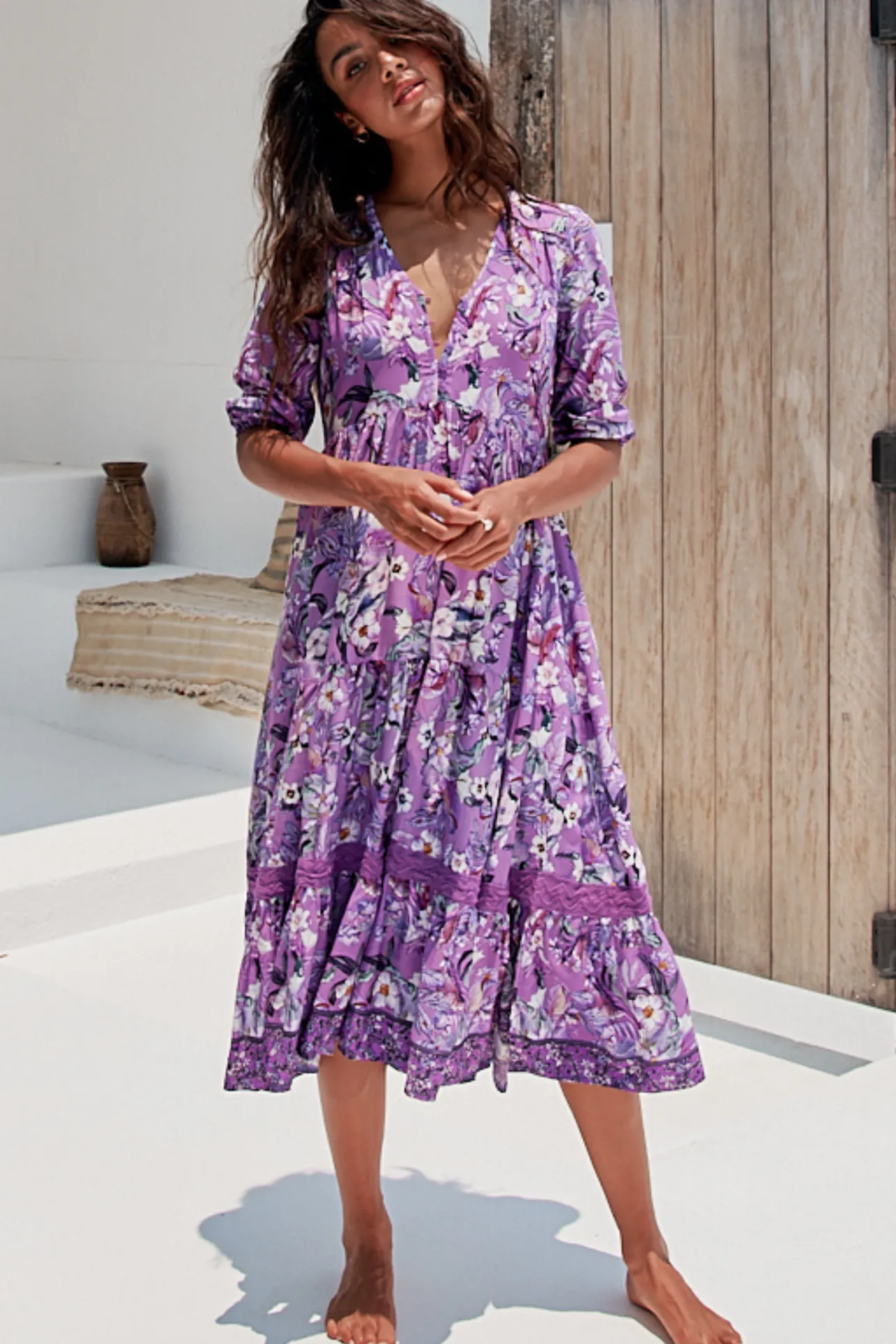 Cardinal Midi Dress - V-Neck Shift Dress with Lace Splicing and Optional Waist Tie in Rhodium Print>Jaase Hot