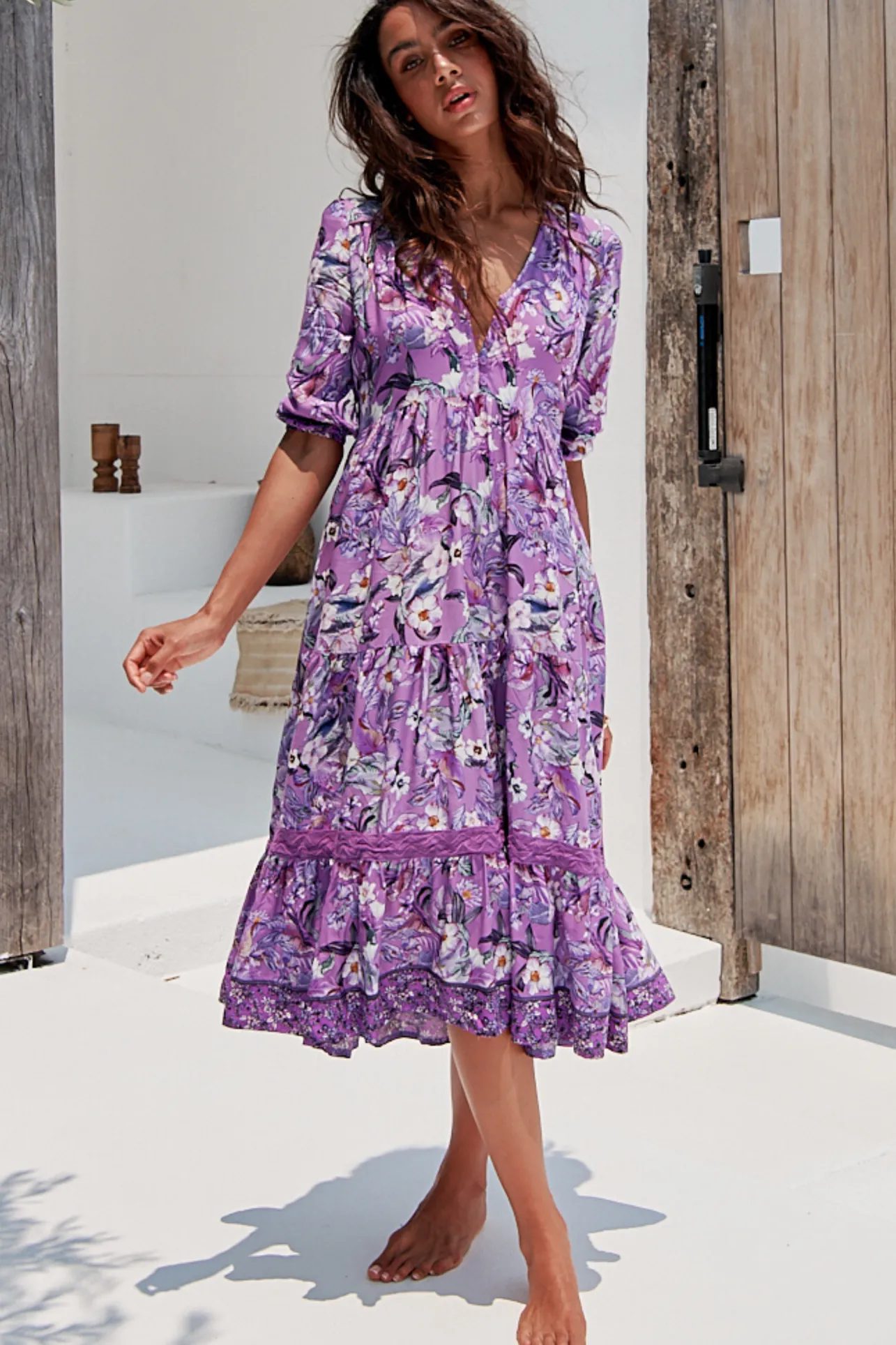 Cardinal Midi Dress - V-Neck Shift Dress with Lace Splicing and Optional Waist Tie in Rhodium Print>Jaase Hot
