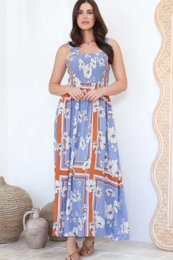 Carmelle Maxi Dress - Thick Strap Elasticated Bodice Sun Dress in Trinity Print>Salty Crush Discount