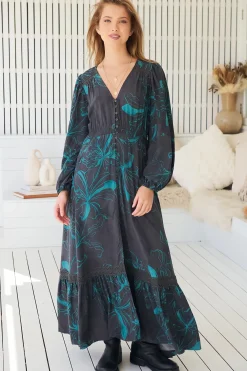 Carmen Long Sleeve Maxi Dress - Button Down A Line Dress with Lace Trim in Midnight Lilly Print>Jaase