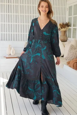Carmen Long Sleeve Maxi Dress - Button Down A Line Dress with Lace Trim in Midnight Lilly Print><noscript><img width=