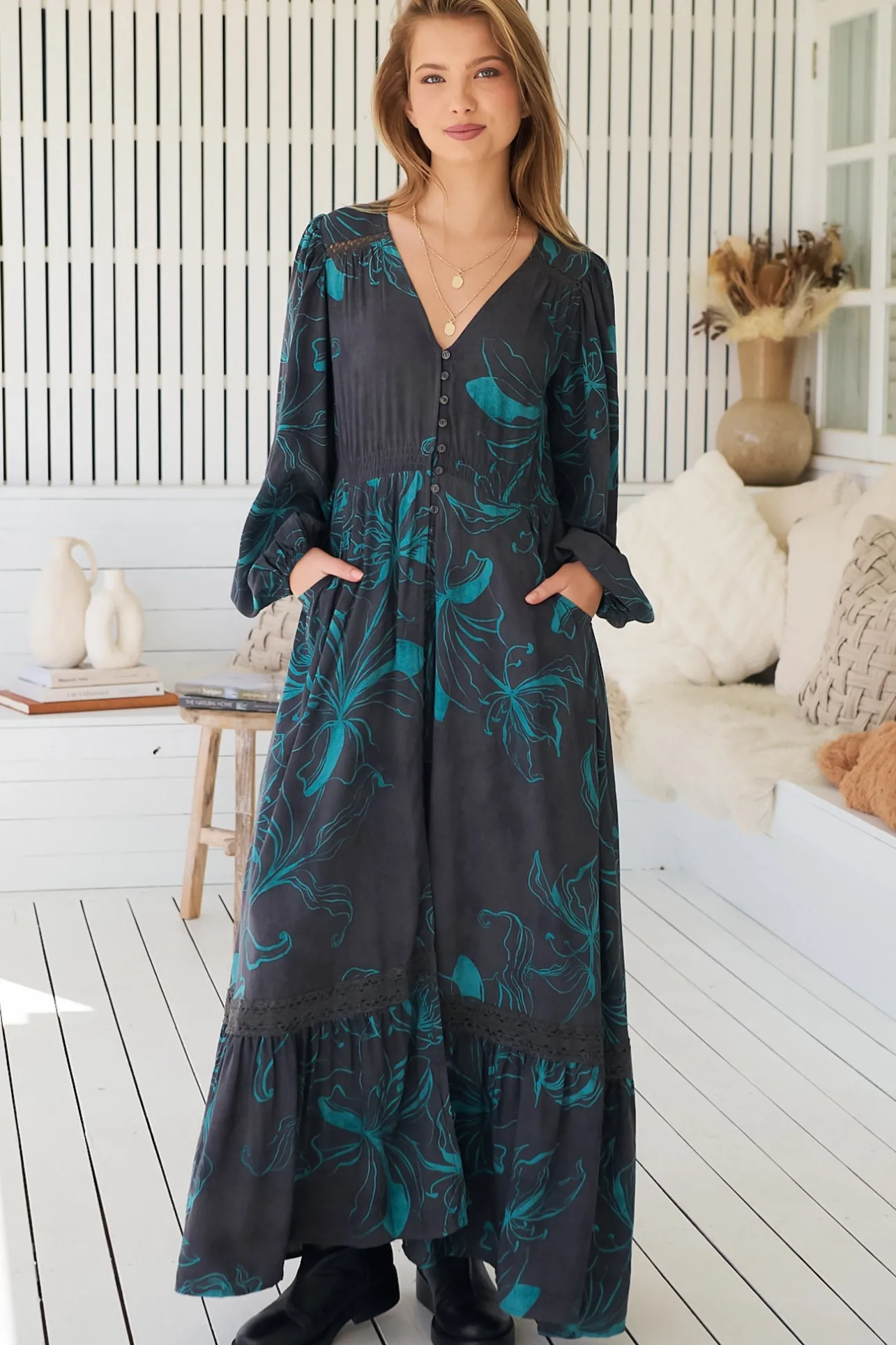 Carmen Long Sleeve Maxi Dress - Button Down A Line Dress with Lace Trim in Midnight Lilly Print>Jaase