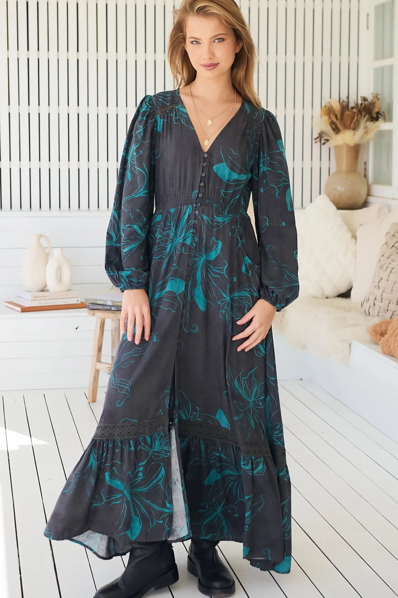 Carmen Long Sleeve Maxi Dress - Button Down A Line Dress with Lace Trim in Midnight Lilly Print>Jaase