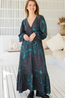 Carmen Long Sleeve Maxi Dress - Button Down A Line Dress with Lace Trim in Midnight Lilly Print><noscript><img width=