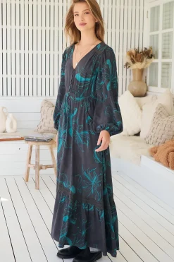 Carmen Long Sleeve Maxi Dress - Button Down A Line Dress with Lace Trim in Midnight Lilly Print><noscript><img width=