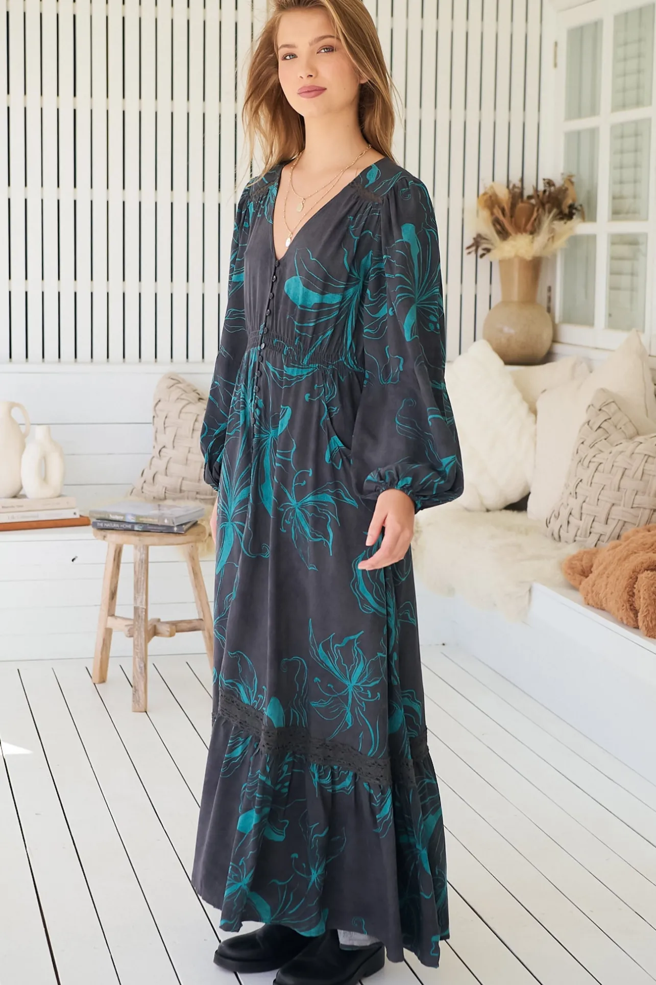 Carmen Long Sleeve Maxi Dress - Button Down A Line Dress with Lace Trim in Midnight Lilly Print>Jaase
