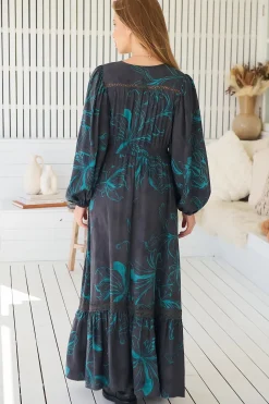 Carmen Long Sleeve Maxi Dress - Button Down A Line Dress with Lace Trim in Midnight Lilly Print><noscript><img width=