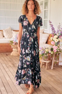 Carmen Maxi Dress - Butterfly Cap Sleeve Button Down A Line Dress with Lace Trim in Under the Stars Print>Jaase Hot