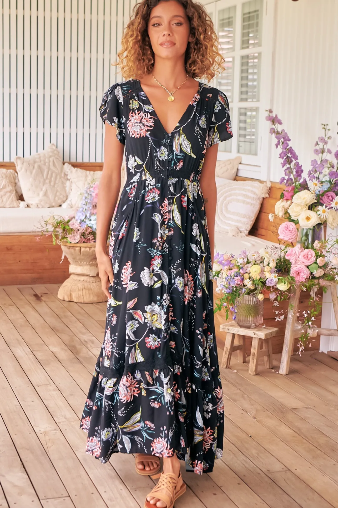 Carmen Maxi Dress - Butterfly Cap Sleeve Button Down A Line Dress with Lace Trim in Under the Stars Print>Jaase Hot