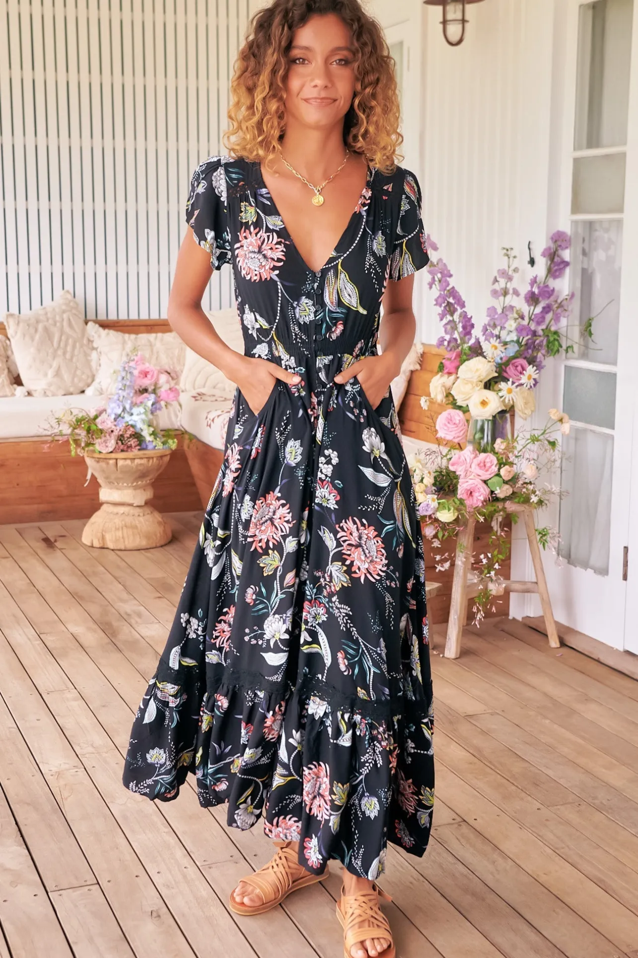 Carmen Maxi Dress - Butterfly Cap Sleeve Button Down A Line Dress with Lace Trim in Under the Stars Print>Jaase Hot