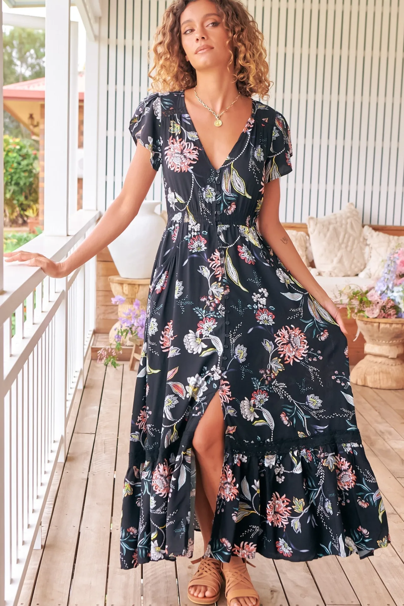 Carmen Maxi Dress - Butterfly Cap Sleeve Button Down A Line Dress with Lace Trim in Under the Stars Print>Jaase Hot
