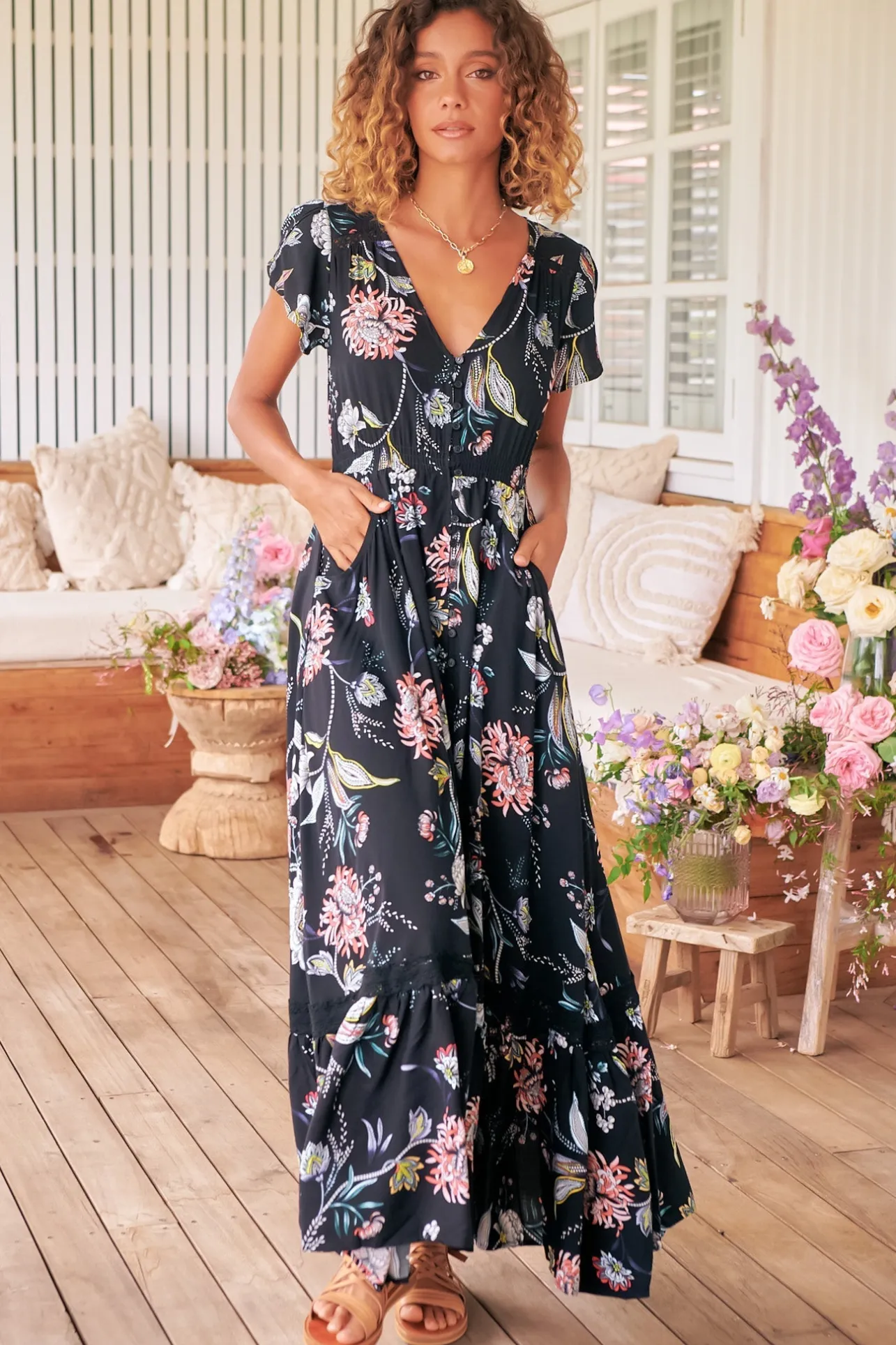 Carmen Maxi Dress - Butterfly Cap Sleeve Button Down A Line Dress with Lace Trim in Under the Stars Print>Jaase Hot
