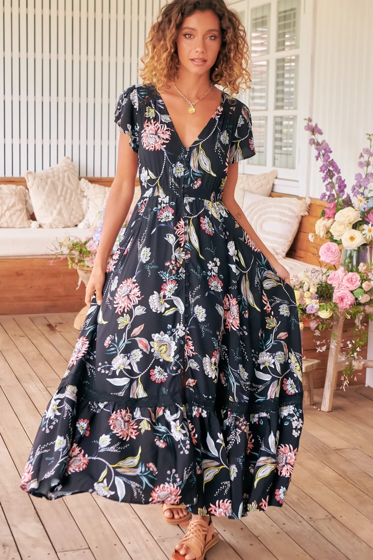 Carmen Maxi Dress - Butterfly Cap Sleeve Button Down A Line Dress with Lace Trim in Under the Stars Print>Jaase Hot