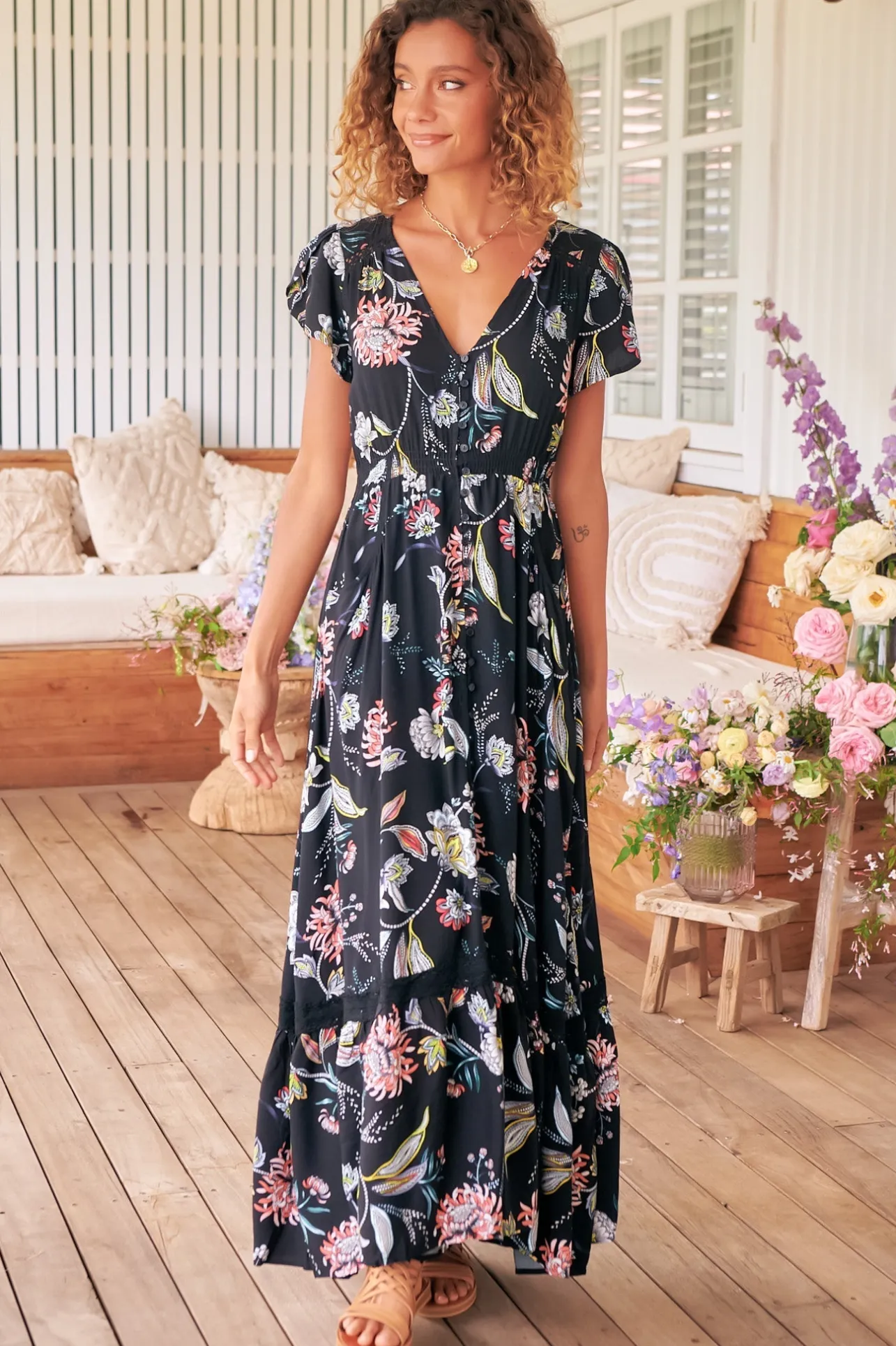 Carmen Maxi Dress - Butterfly Cap Sleeve Button Down A Line Dress with Lace Trim in Under the Stars Print>Jaase Hot