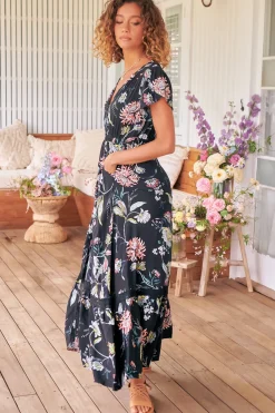Carmen Maxi Dress - Butterfly Cap Sleeve Button Down A Line Dress with Lace Trim in Under the Stars Print><noscript><img width=